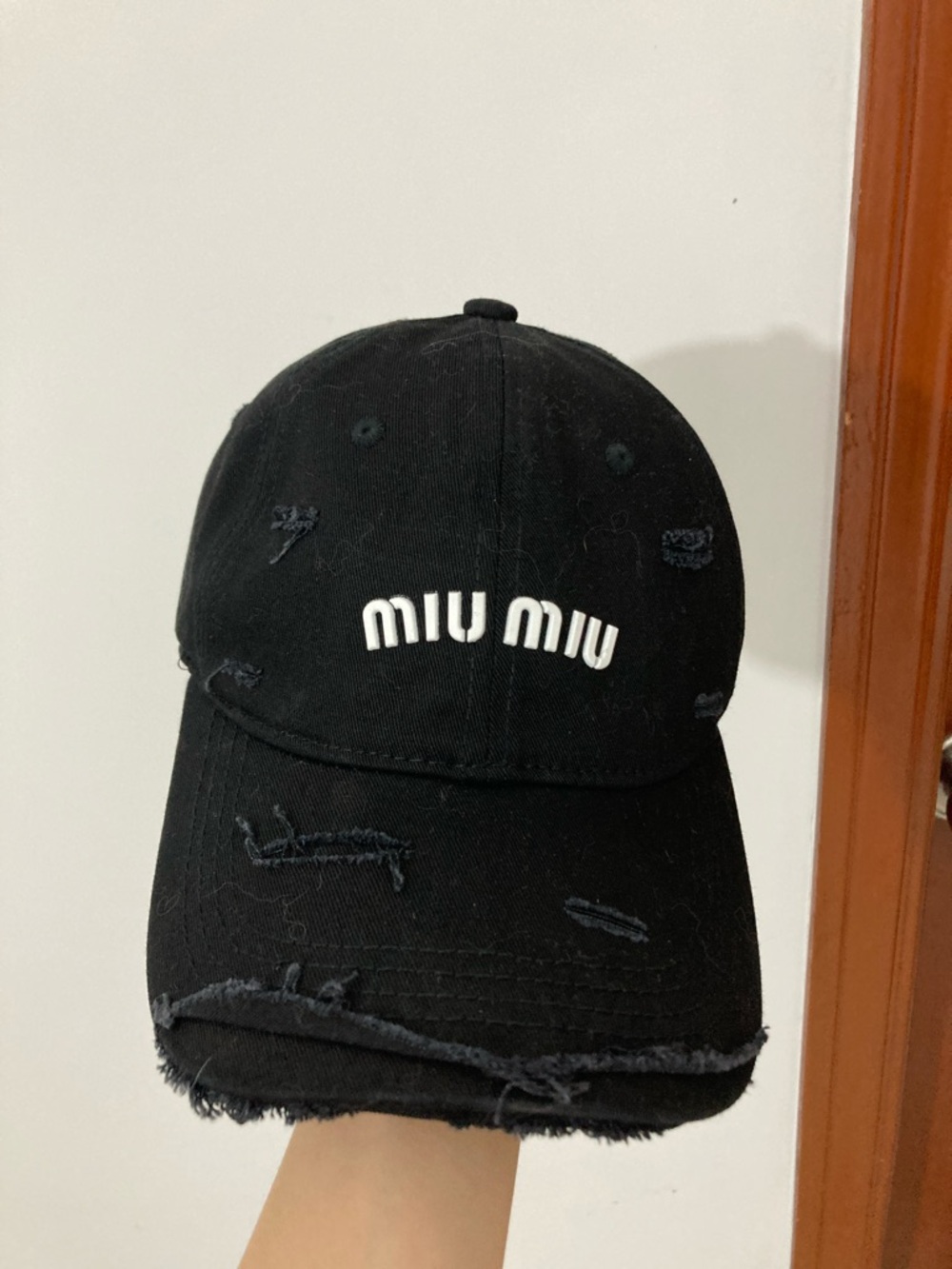 Authentic Miu Miu Black Distressed Logo Baseball Cap